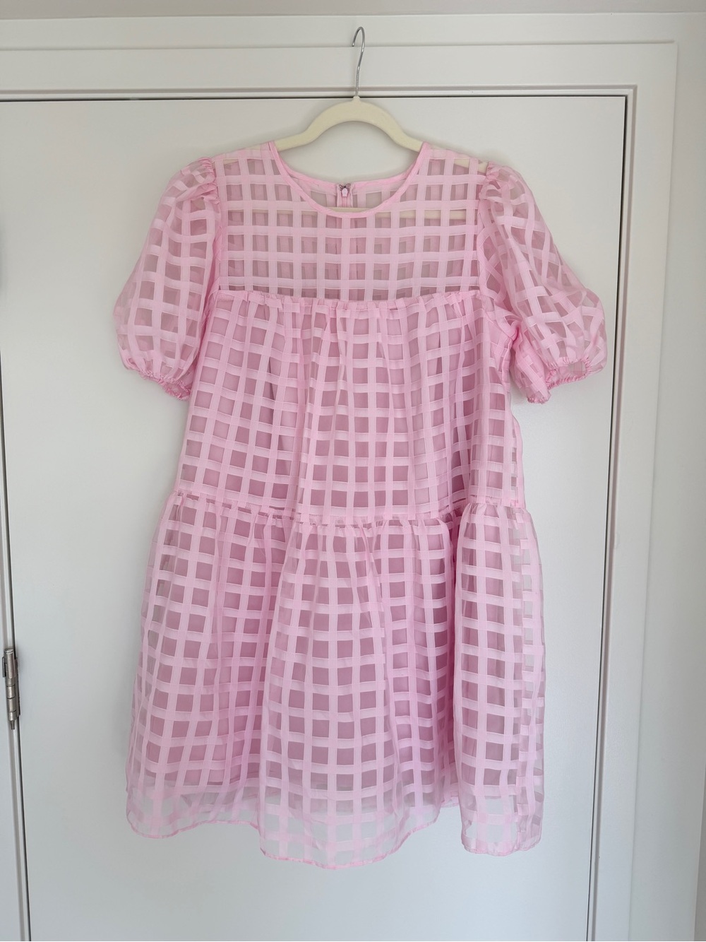 NWT English Factory Pink Sheer Grid Puff Sleeve Dress Size M